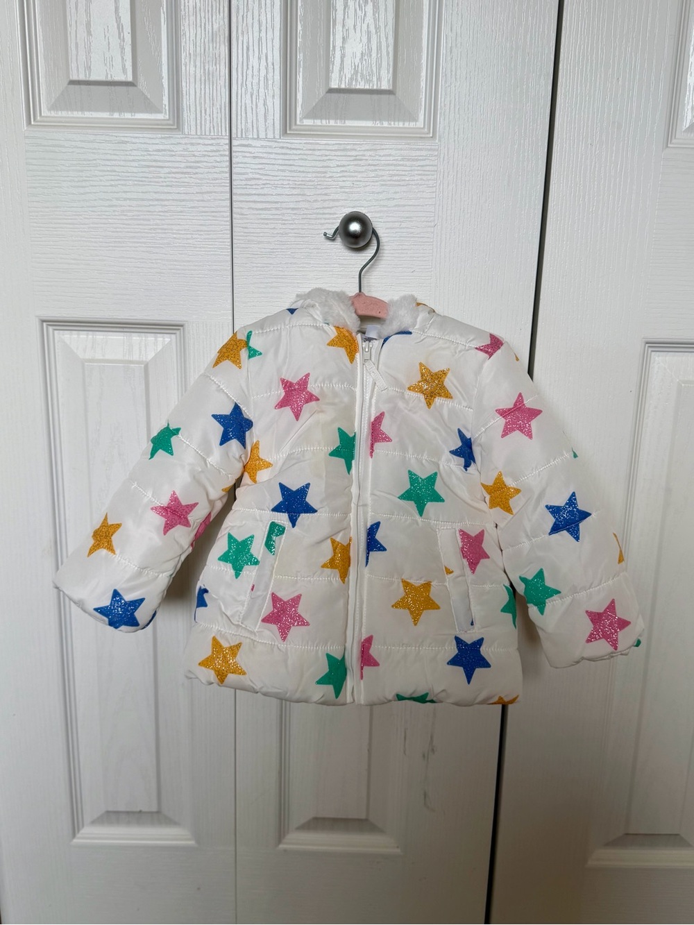 Little Me White Puffer Jacket with Multicolor Star Print
